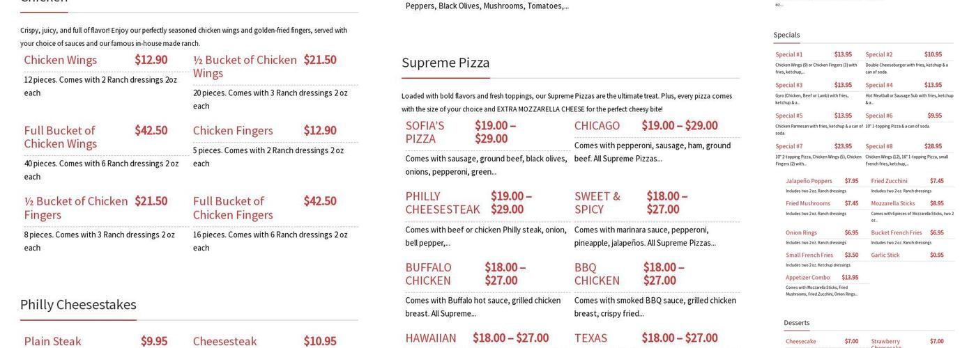 Sofia's Pizza Menu