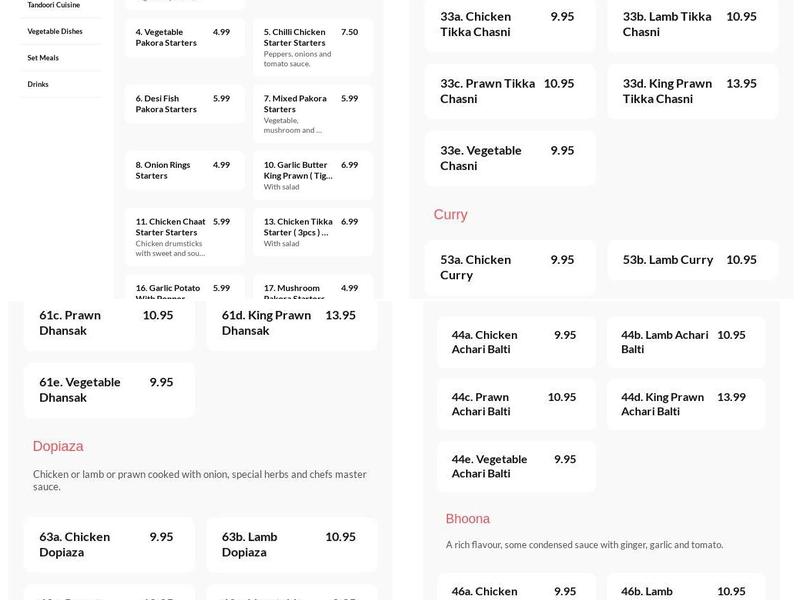 Virsa Indian Restaurant Menu