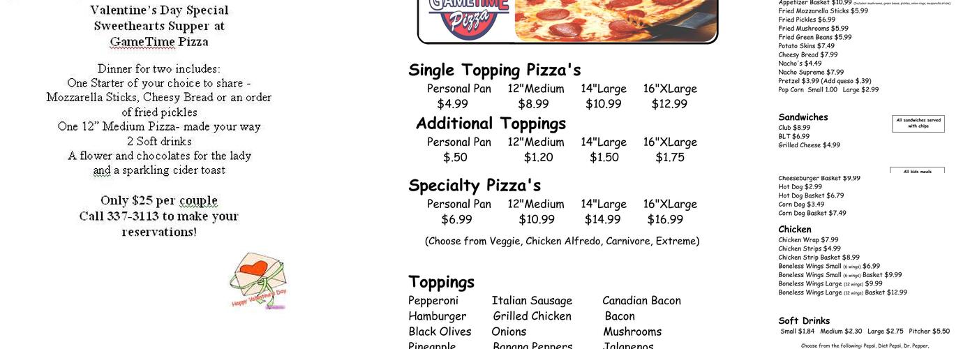 GameTime Pizza Menu