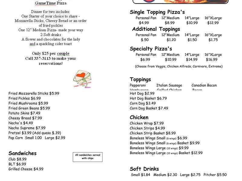 GameTime Pizza Menu