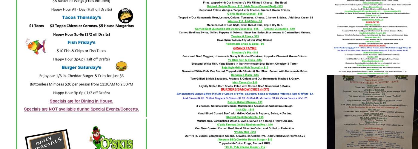 O'Skis Pub and Grille Menu