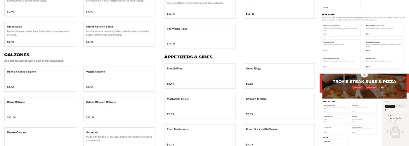 Troy's Steak Subs & Pizza Menu