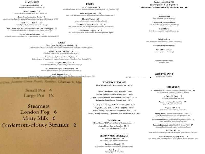 Arroyo Vino Menu