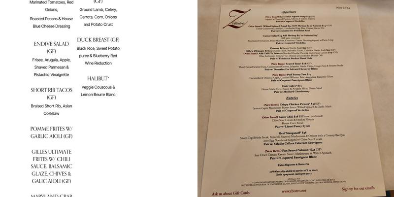 Z Bistro Menu