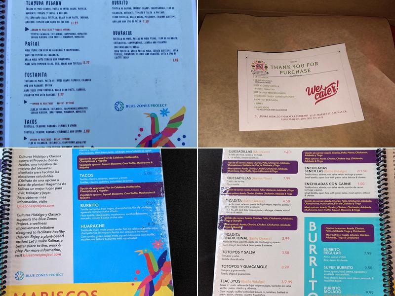 Culturas Hidalgo & Oaxaca Restaurant Menu