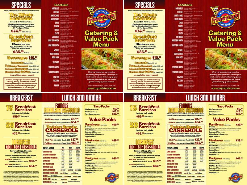 Twisters Burgers and Burritos Menu