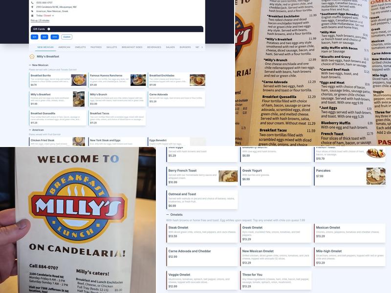 Milly's Breakfast Lunch Menu