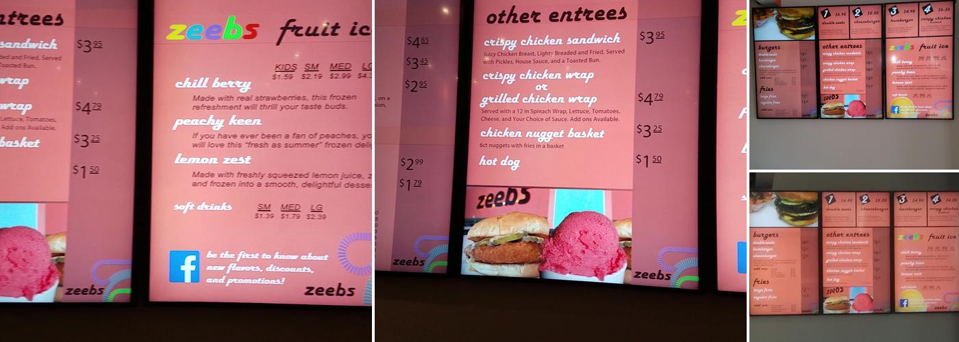 Zeebs. Fruit Ice, Burgers and Fries. Menu