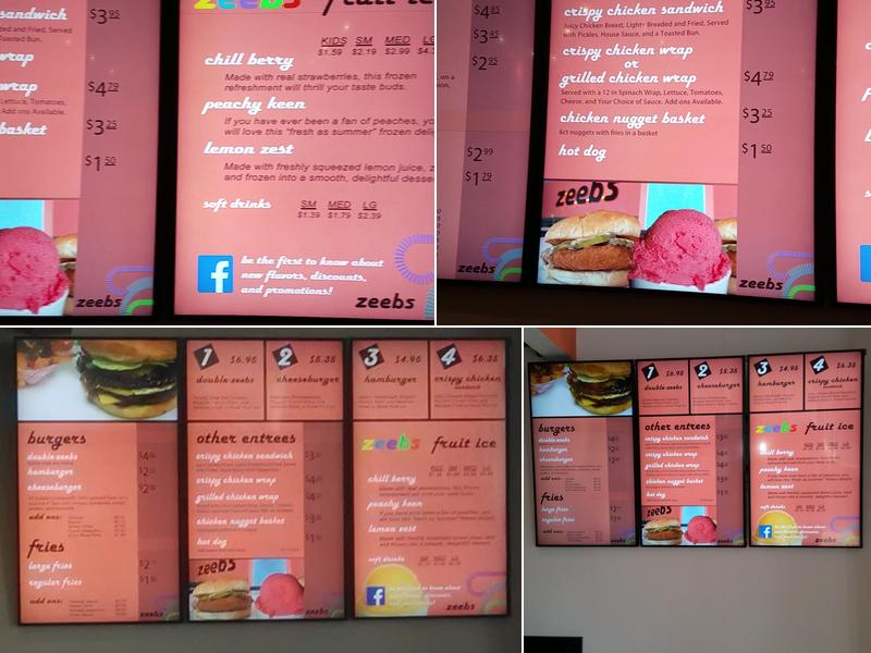 Zeebs. Fruit Ice, Burgers and Fries. Menu