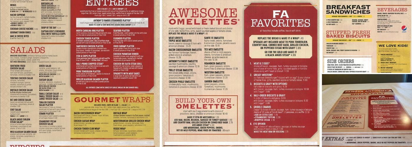 Famous Anthony's Vinton Menu