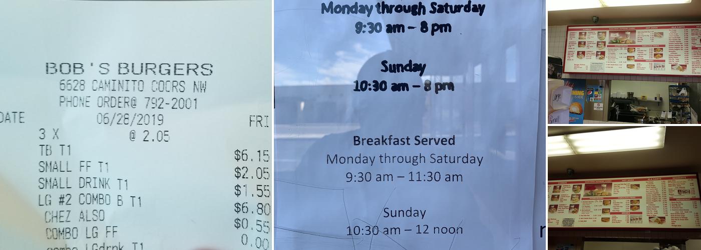 Bob's Burgers Menu