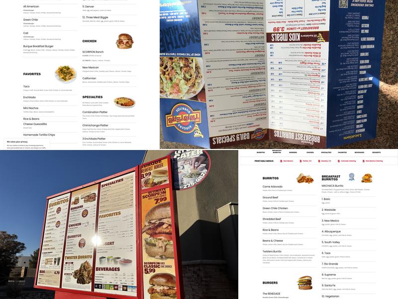 Twisters Burgers and Burritos Menu