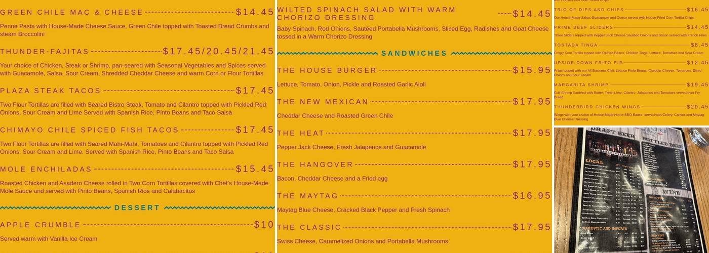 Thunderbird Bar & Grill Menu