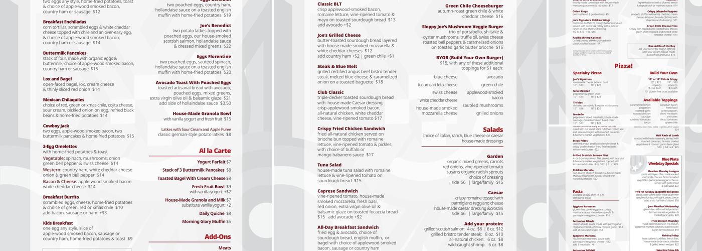 Joe's Dining Menu