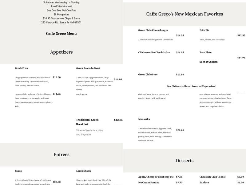 Caffe Greco Menu