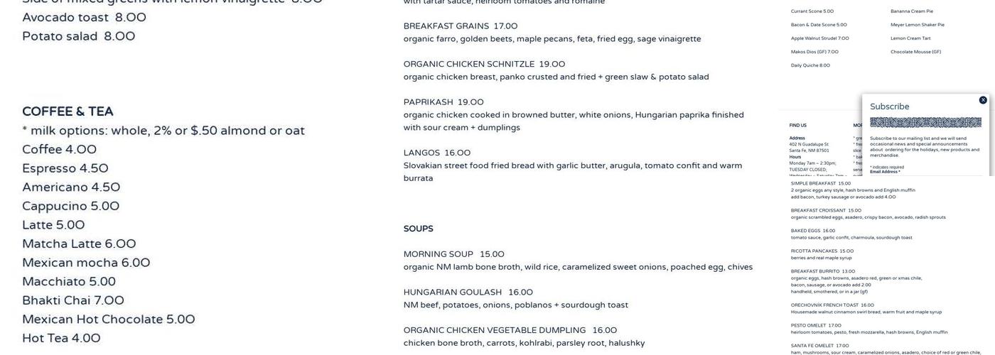 Dolina Bakery & Cafe Menu