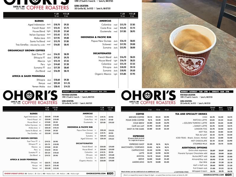 Ohori's Coffee Roasters, Luna Location Menu