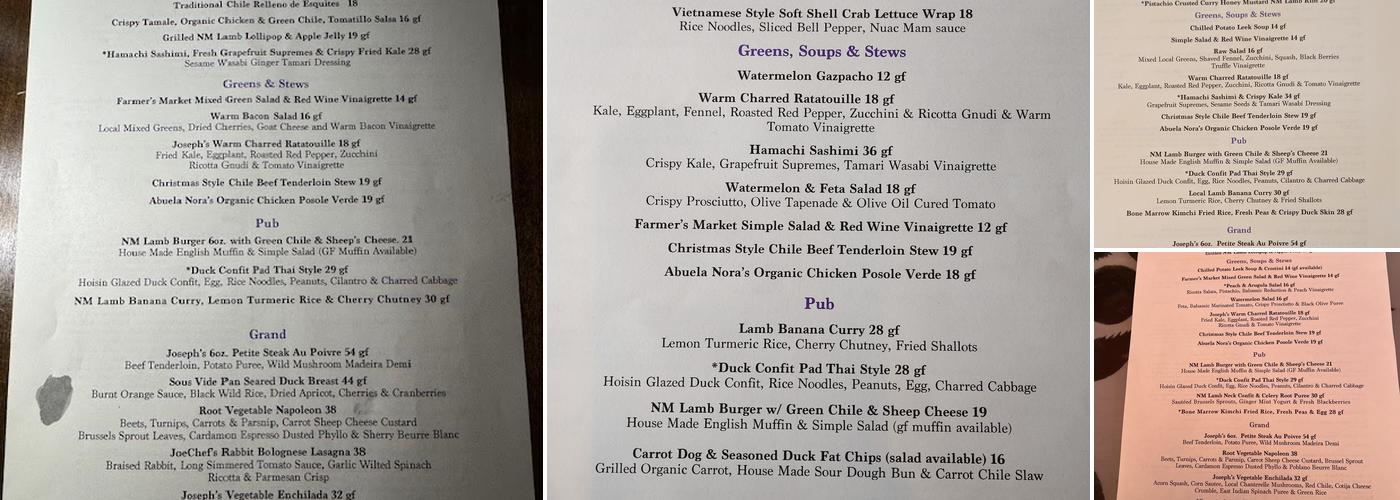 Joseph's Culinary Pub Menu