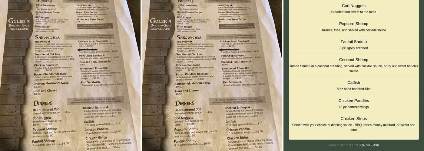 Guler's Corner Menu