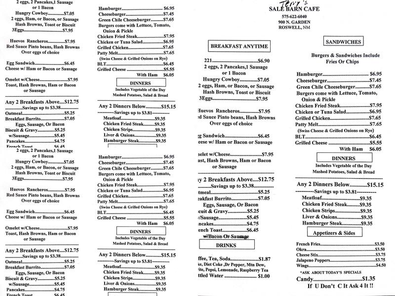 Sale Barn Cafe Menu