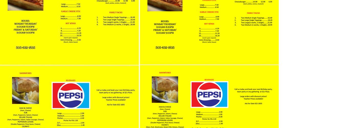 D J's Pizza Menu