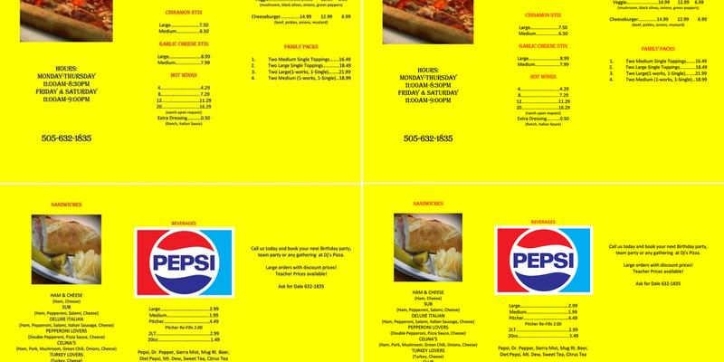 D J's Pizza Menu
