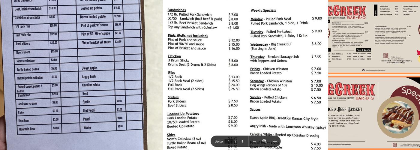 Big Creek Bar-B-Q Menu