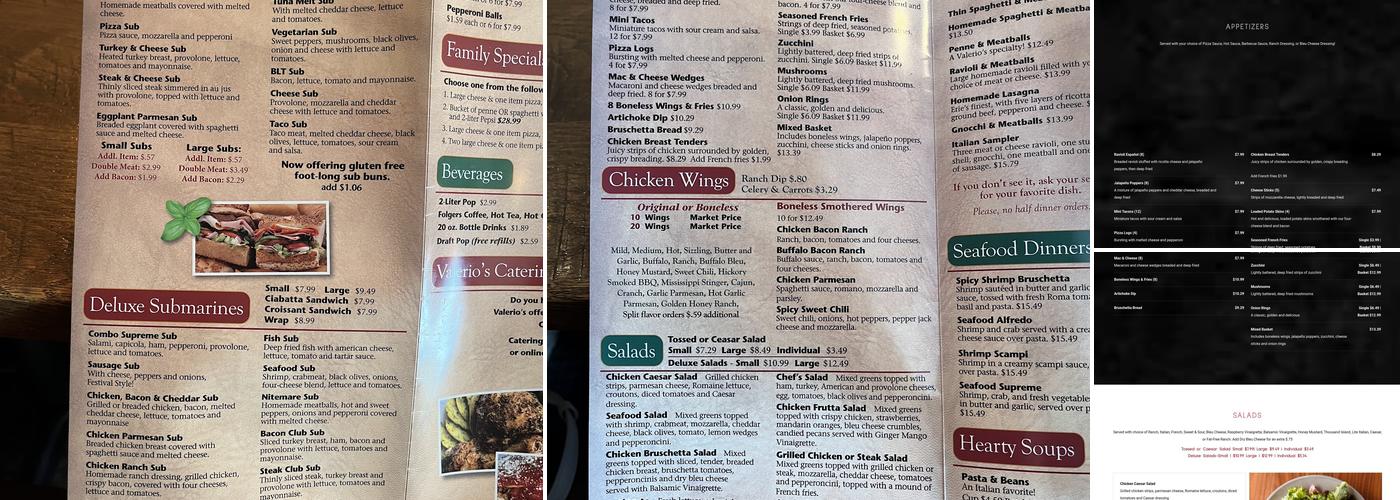 Valerio's Italian Restaurant & Pizzeria Menu