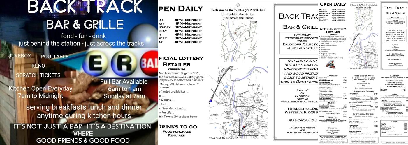 Back Track Bar & Grille -- Breakfast Lunch or Dinner anytime KENO Lounge Lottery & Scratch Tickets Agent Menu