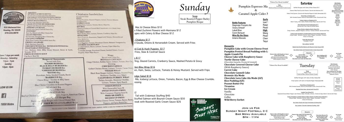 Cora's 1850 Bistro Menu