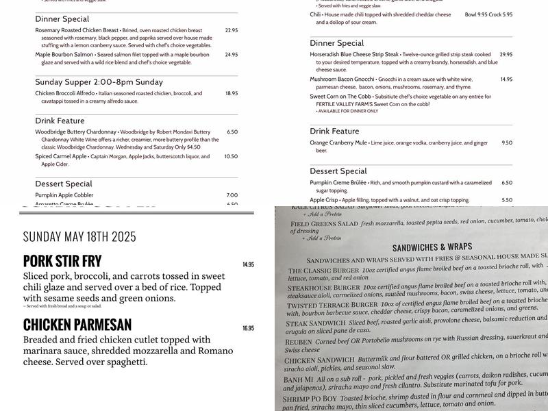 Tick Tock's on Terrace Menu