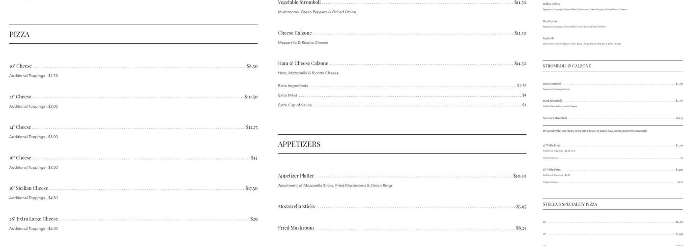 Stella's Pizza Menu
