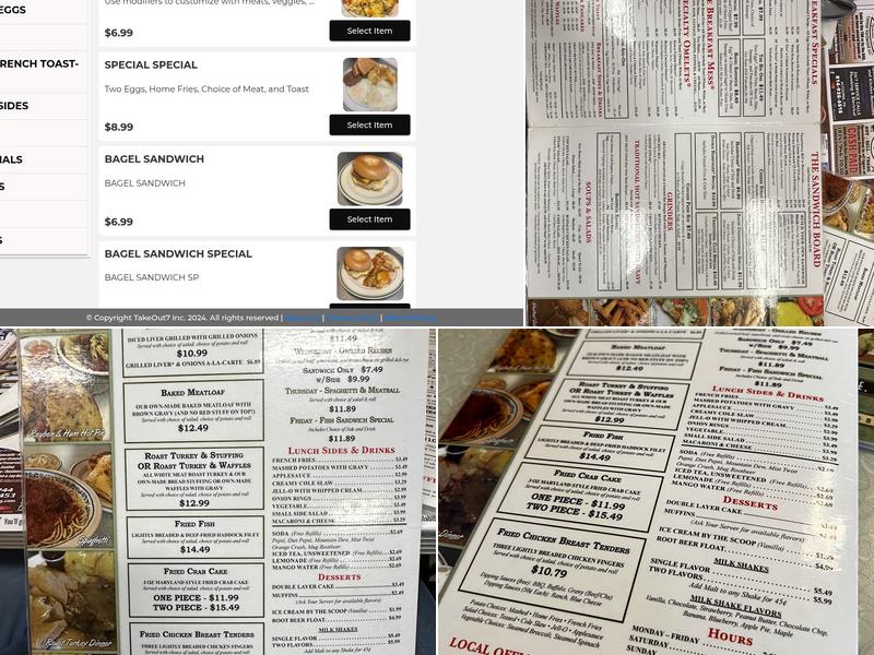 Tom & Joe's Restaurant Menu