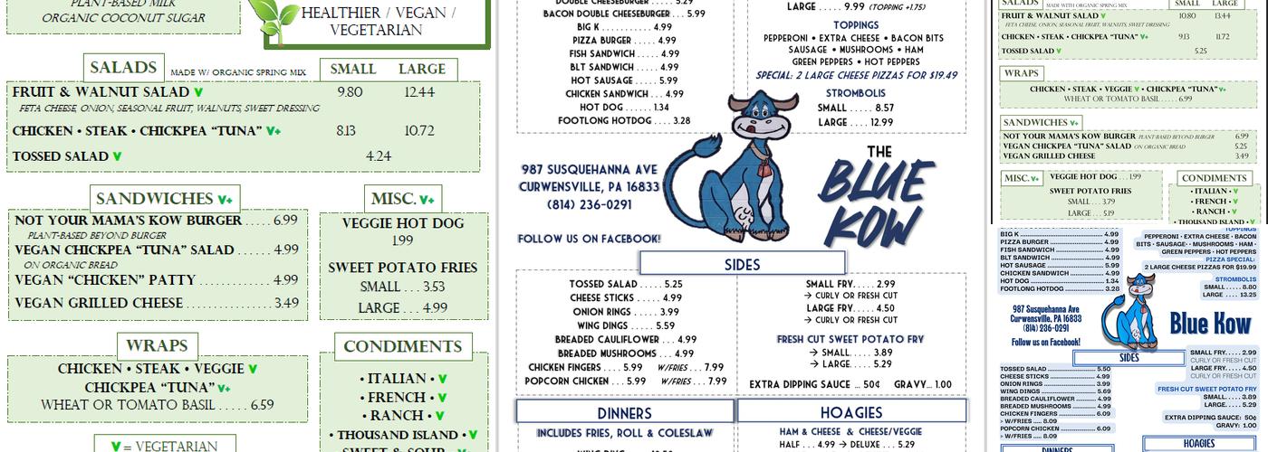 The Blue Kow Menu