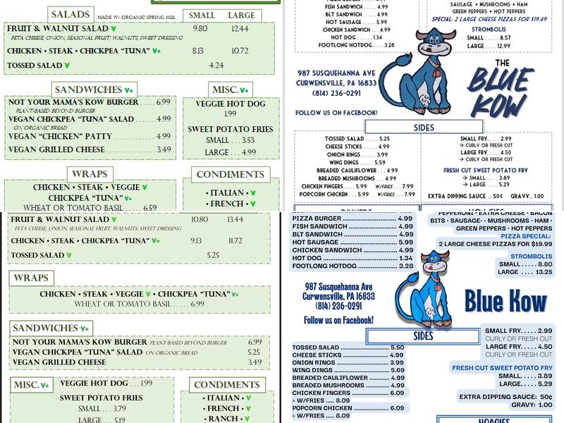 The Blue Kow Menu
