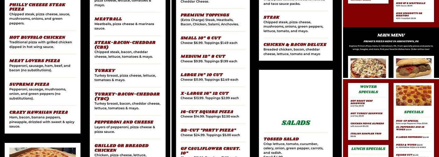 Primo's Pizza Menu