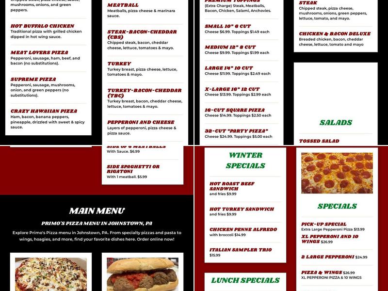 Primo's Pizza Menu