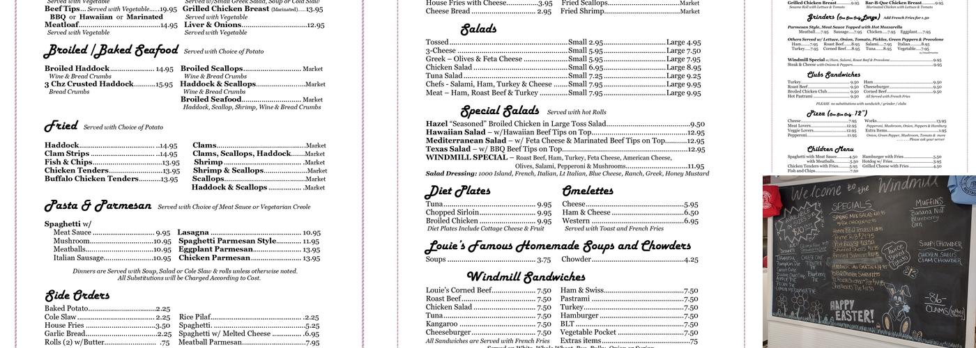 The Windmill Restaurant Inc. Menu