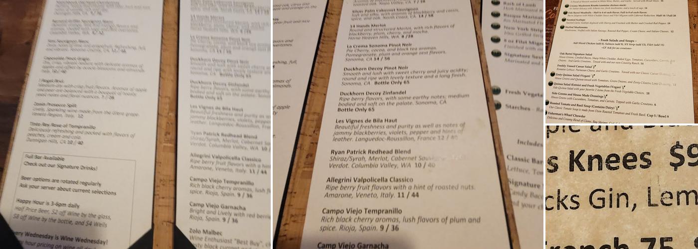 Oak Barrel of Eagle Restaurant and Lounge Menu