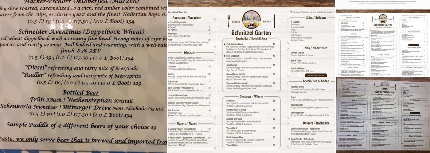 The Schnitzel Garten Menu