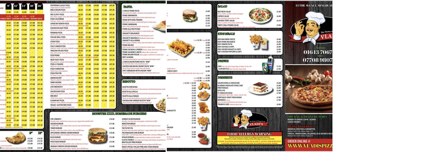 Vladi's Pizza & Pasta, Minehead Menu