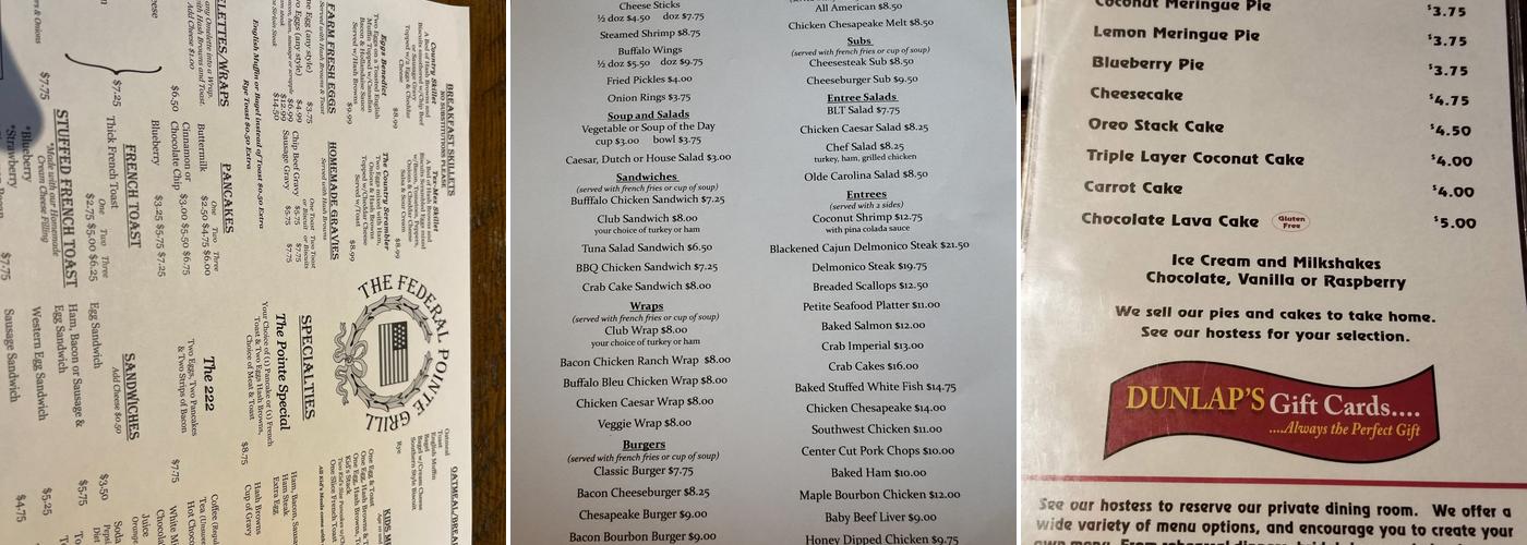 Dunlap's Restaurant Menu