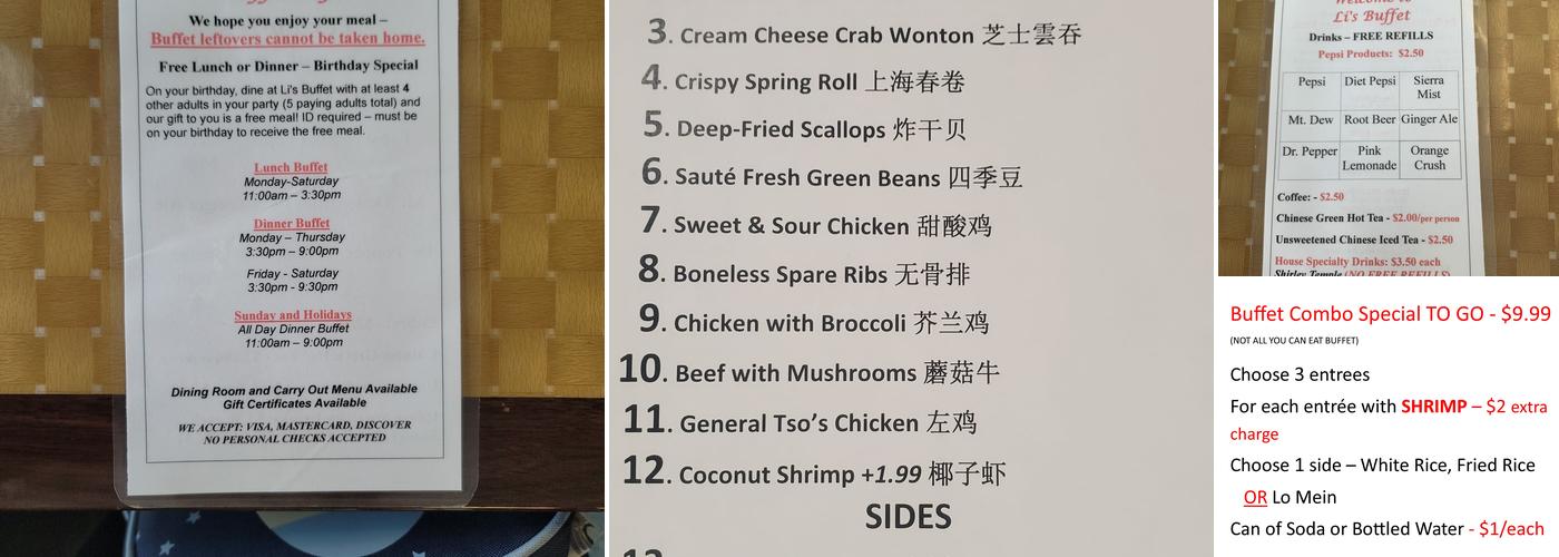Li's Buffet Menu