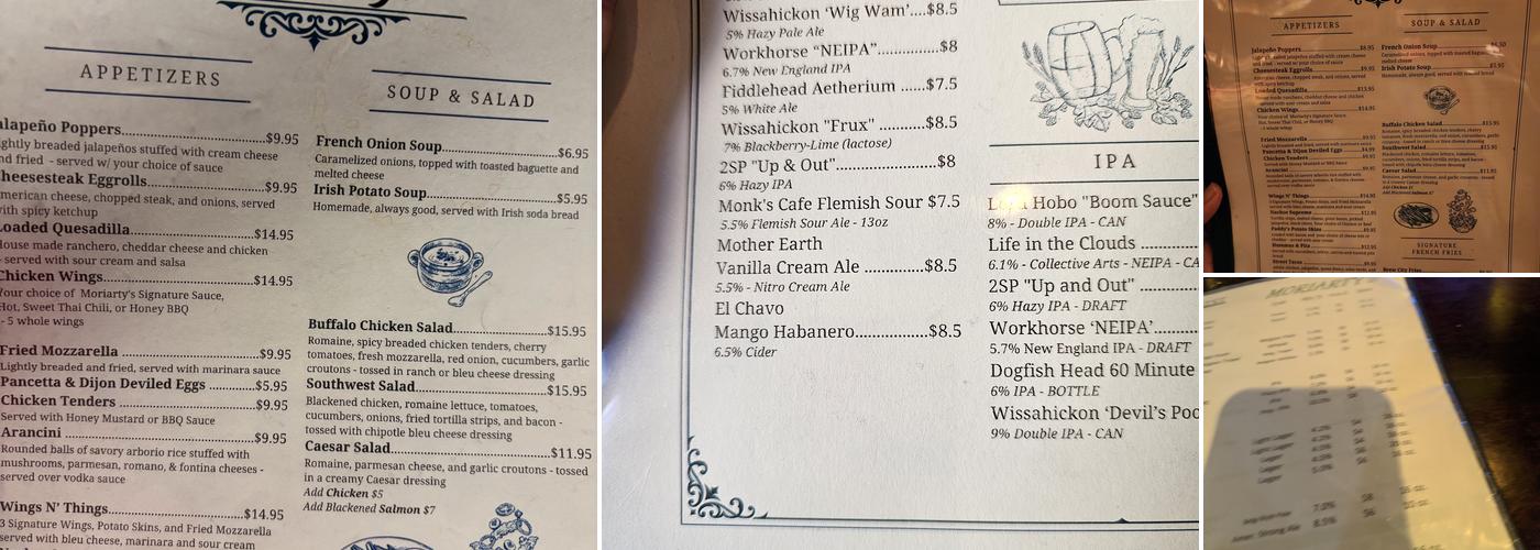 Moriarty's Restaurant Menu