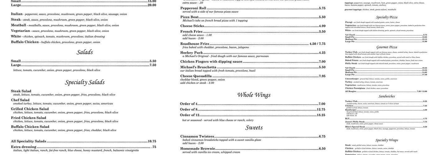 Michael's Pizza Bar Menu