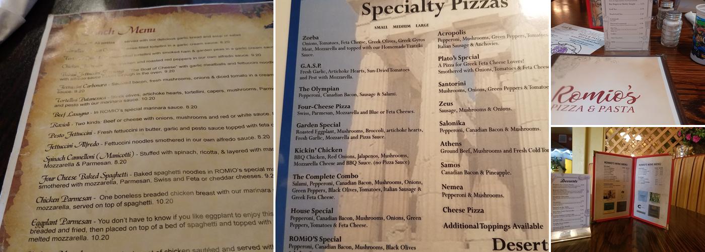 Romio's Pizza & Pasta Menu