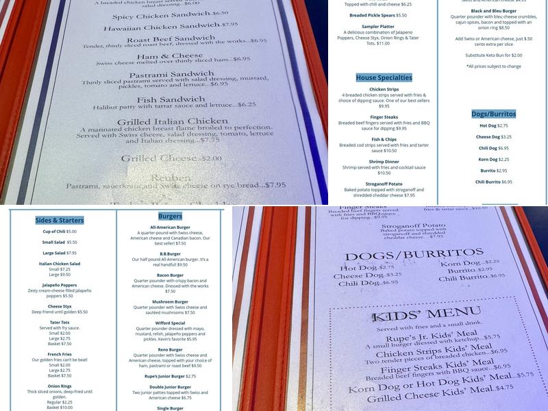 Rupe's Burgers Menu