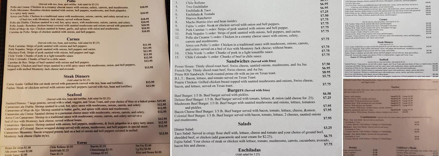 Colonial Inn Menu