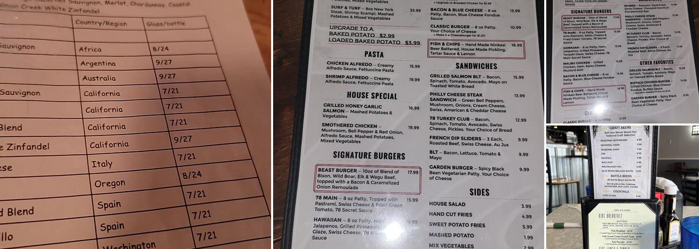 78 Main Street Eatery Menu