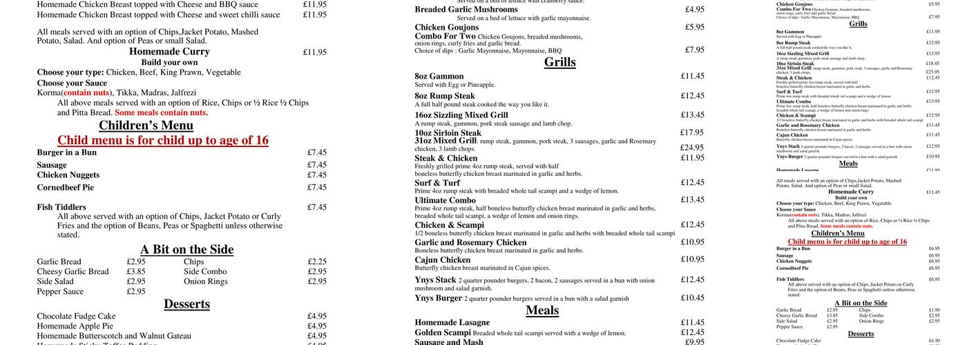 The Ynyscynon Inn Menu